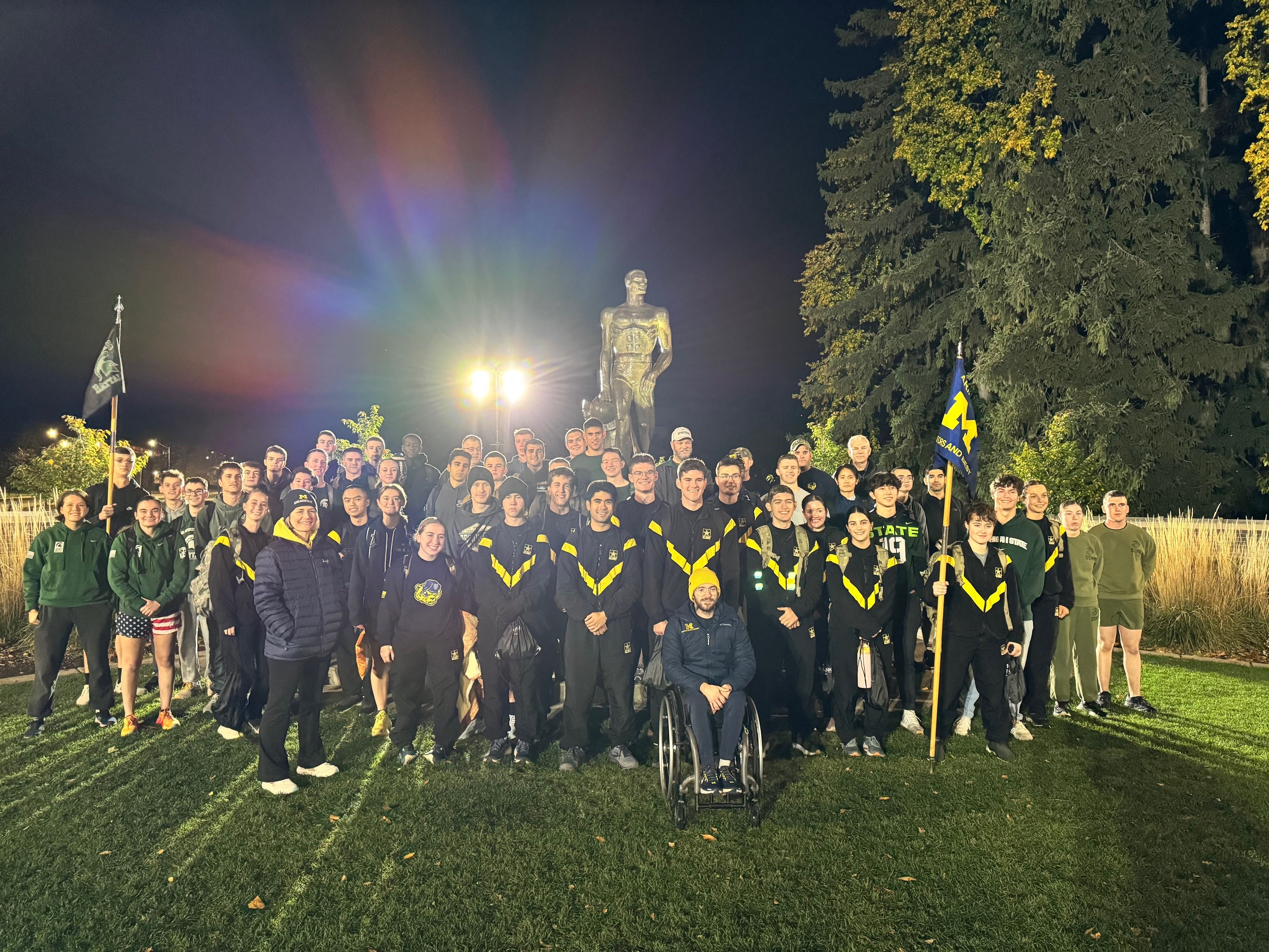 MSU and UM ROTC Cadets stand in front of Sparty statue on MSU's campus just before 1:00am, Friday morning, October 25.